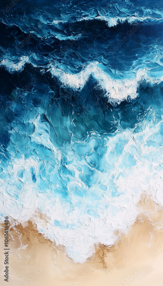 Phone wallpaper featuring a vibrant top-down view of ocean waves crashing against a sandy shore. The color palette transitions from deep blue to turquoise with bright foam accents, creating an energet Phone wallpaper featuring a vibrant top-down view of ocean waves crashing against a sandy shore. The color palette transitions from deep blue to turquoise with bright foam accents, creating an energet