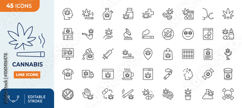 Cannabis icon set. Editable stroke. Vector illustration	