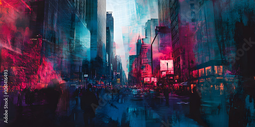 Neon City Dreams: A vibrant and surreal cityscape, bathed in a kaleidoscope of neon lights and abstract brushstrokes. The energy of urban life pulses through the streets.