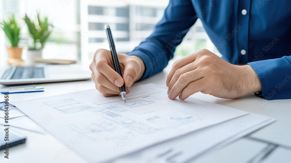 A professional sketching on paper in a modern office setting, symbolizing design, architecture, or project planning with attention to detail. A professional sketching on paper in a modern office setting, symbolizing design, architecture, or project planning with attention to detail.