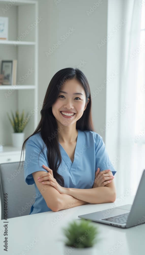 Confident Asian Woman in Medical Scrubs at Minimalist Clinic Desk Confident Asian Woman in Medical Scrubs at Minimalist Clinic Desk