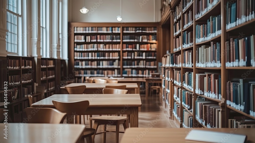 A Study Room Filled with Bookshelves and Wooden Tables and Chairs A Study Room Filled with Bookshelves and Wooden Tables and Chairs