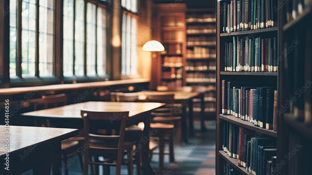 Bookshelf in a library with tables and chairs Bookshelf in a library with tables and chairs