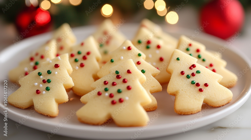 Tree-shaped cookies decorated with red, green, and white sugar pearls, arranged on a white plate. Festive lighting adds a cozy atmosphere Tree-shaped cookies decorated with red, green, and white sugar pearls, arranged on a white plate. Festive lighting adds a cozy atmosphere