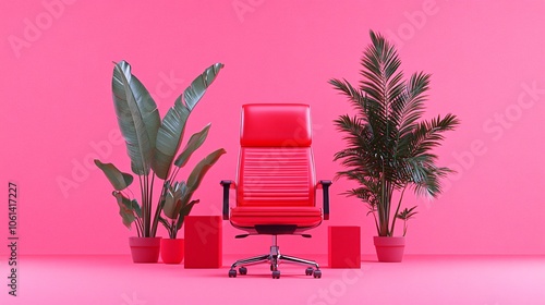 solid color space, modern office scene, The scene is filled with non realistic elements,with a boss chair in the scene conceptual installation features hyper-realistic sculptures against a pink backgr photo