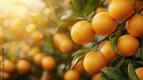 A vibrant close-up of fresh, ripe oranges hanging on a tree branch, glistening with dew in the warm sunlight.