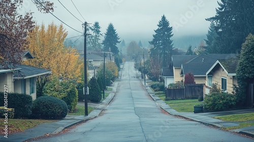 A Foggy Residential Street with Houses and Trees photo