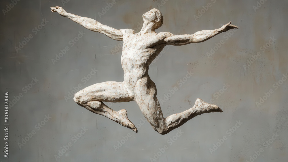 A dynamic sculpture of a male figure mid-leap, embodying motion and grace with outstretched arms against a neutral background. A dynamic sculpture of a male figure mid-leap, embodying motion and grace with outstretched arms against a neutral background.