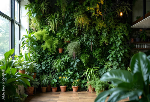 Lush green indoor garden with various plants and natural textures, creating serene and refreshing atmosphere. Perfect for nature lovers and interior design enthusiasts