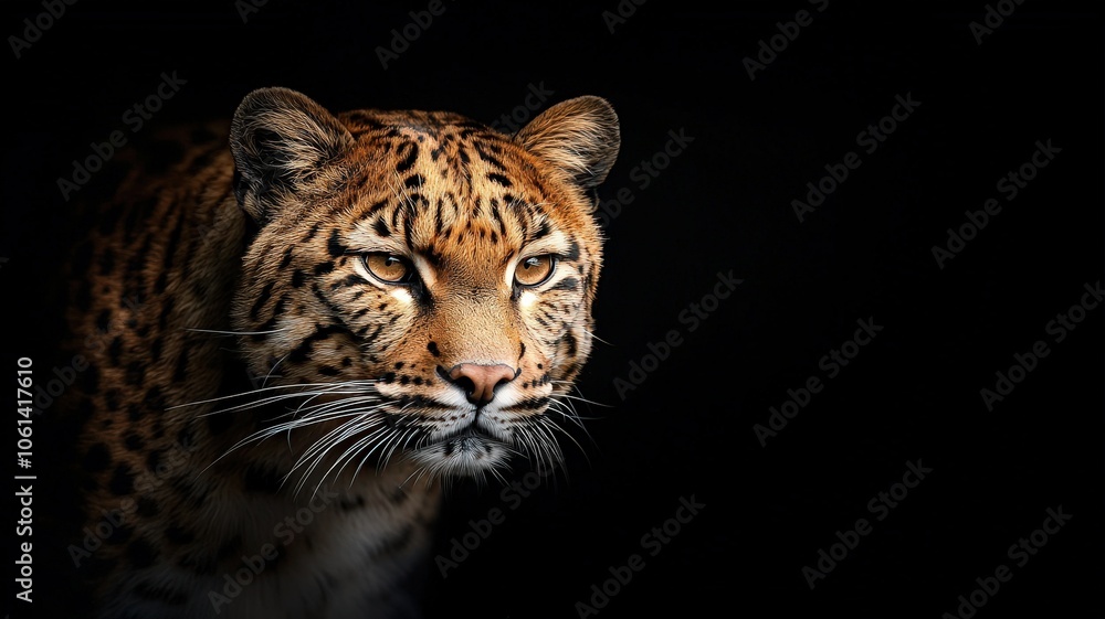 Obraz premium A close-up of a leopard's face, featuring its intense gaze and distinctive spots set against a dark background, highlighting the animal’s beauty and wild nature.