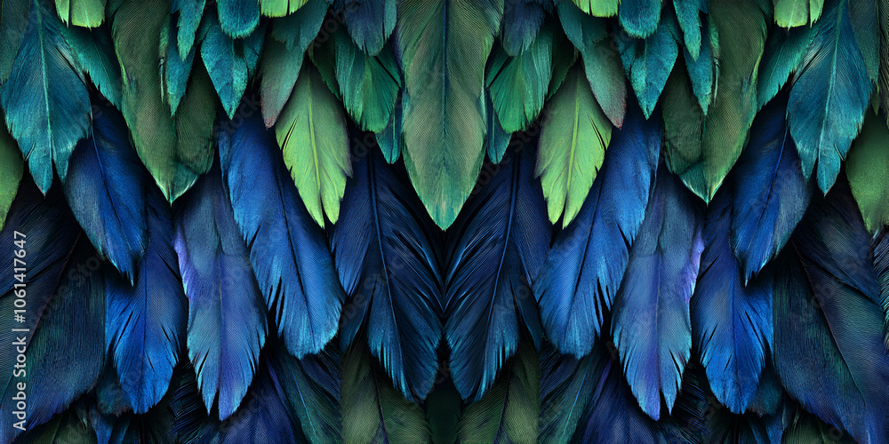 Fototapeta premium Blue and Green Feathers Abstract Pattern: A captivating abstract pattern of overlapping blue and green feathers creates a mesmerizing visual texture.