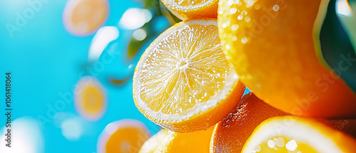 Vibrant citrus fruits with fresh lemons and oranges against bright blue background, showcasing their juicy texture and vivid colors photo