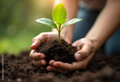 Nurturing young plant in hands symbolizes growth and care, showcasing importance of nature and sustainability. vibrant green leaves contrast beautifully with rich brown soil