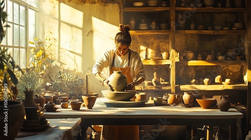 Captivating Potter at Work: A Serene Sunlit Studio Scene Perfect for a Cozy Home Decor Poster or Artistic Interior Design in Any Space