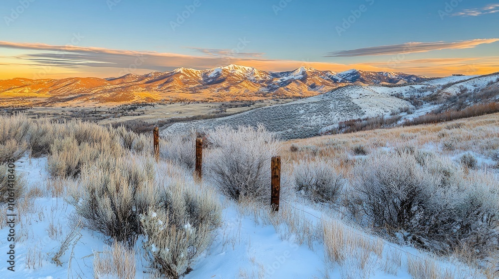 A snowy winter landscape with a fence, snow covered bushes, and mountains in the distance. A snowy winter landscape with a fence, snow covered bushes, and mountains in the distance.