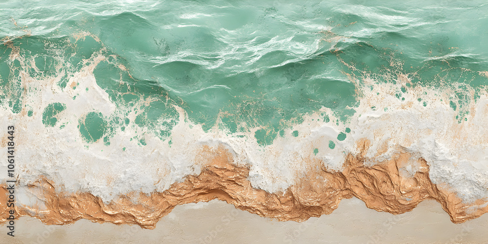 Ocean Waves Crashing: A breathtaking aerial view of turquoise ocean waves crashing onto a sandy shore, creating a mesmerizing pattern of foam and water. Ocean Waves Crashing: A breathtaking aerial view of turquoise ocean waves crashing onto a sandy shore, creating a mesmerizing pattern of foam and water.