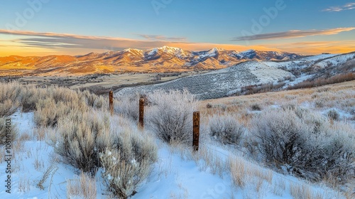 A snowy winter landscape with a fence, snow covered bushes, and mountains in the distance.