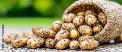 rustic sack of organic potatoes spills onto textured floor, showcasing their natural, earthy appearance. scene evokes sense of freshness and simplicity