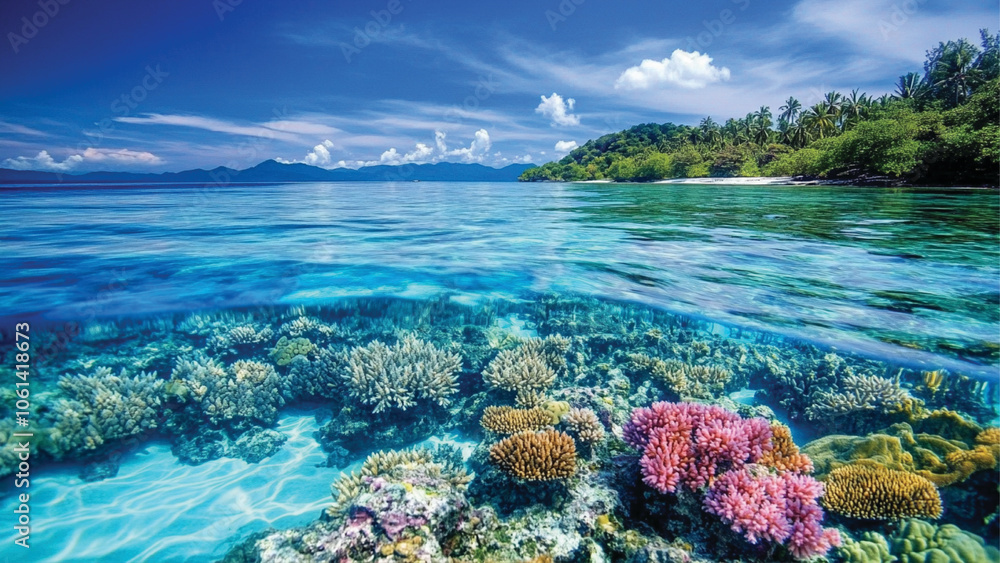 Naklejka premium Tropical Coral Reef A Breathtaking Underwater Paradise Teeming with Colorful Fish : Generative AI