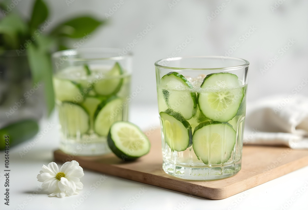 Refreshing cucumber drinks served in glasses, garnished with fresh cucumber slices. Perfect for summer day, these beverages are both hydrating and visually appealing Refreshing cucumber drinks served in glasses, garnished with fresh cucumber slices. Perfect for summer day, these beverages are both hydrating and visually appealing