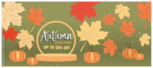 Thanksgiving Day Sale. Pumpkins and autumn leave with an empty podium. Thanksgiving concept. Flat vector illustration.