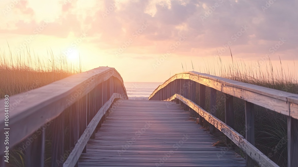 Obraz premium Wooden Bridge Leading Towards a Beach at Sunrise