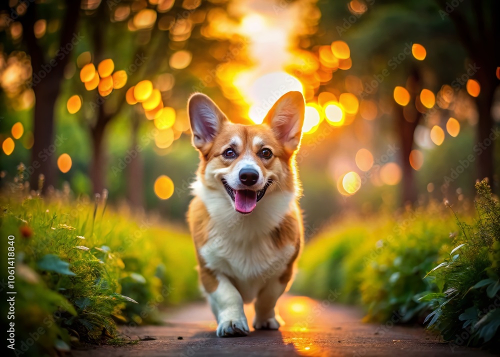 Happy Corgi Enjoying a Leisurely Walk in the Park During Golden Hour - Low Light Photography of Playful Dog in Nature, Human Companion, Vibrant Greens and Soft Twilight Glow Happy Corgi Enjoying a Leisurely Walk in the Park During Golden Hour - Low Light Photography of Playful Dog in Nature, Human Companion, Vibrant Greens and Soft Twilight Glow