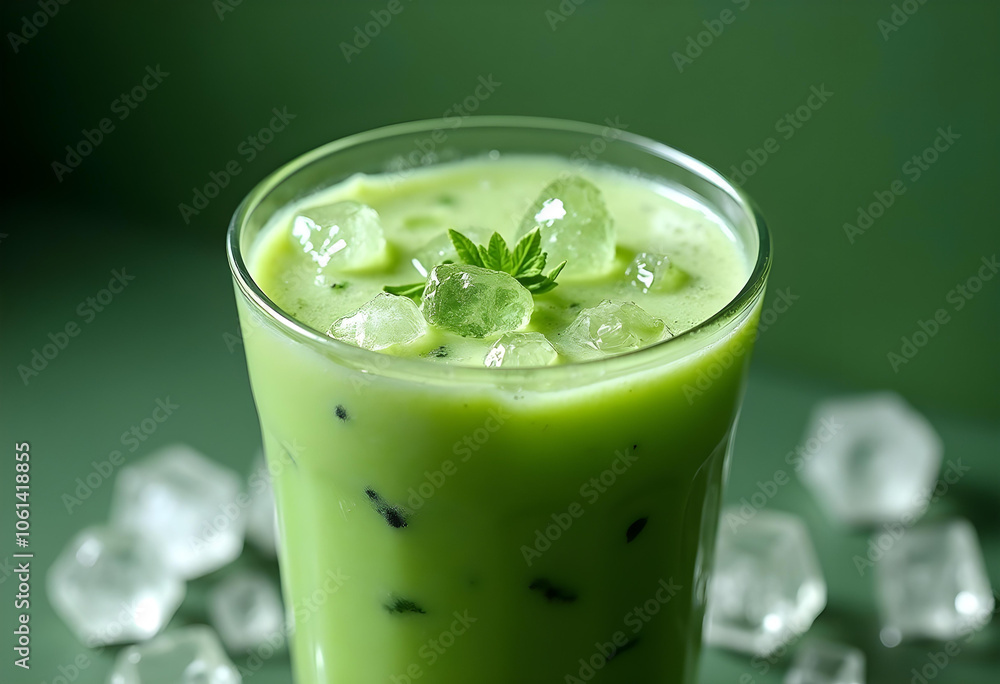Refreshing green beverage with ice cubes and mint garnish, perfect for hot days. Enjoy vibrant color and cool taste! Refreshing green beverage with ice cubes and mint garnish, perfect for hot days. Enjoy vibrant color and cool taste!
