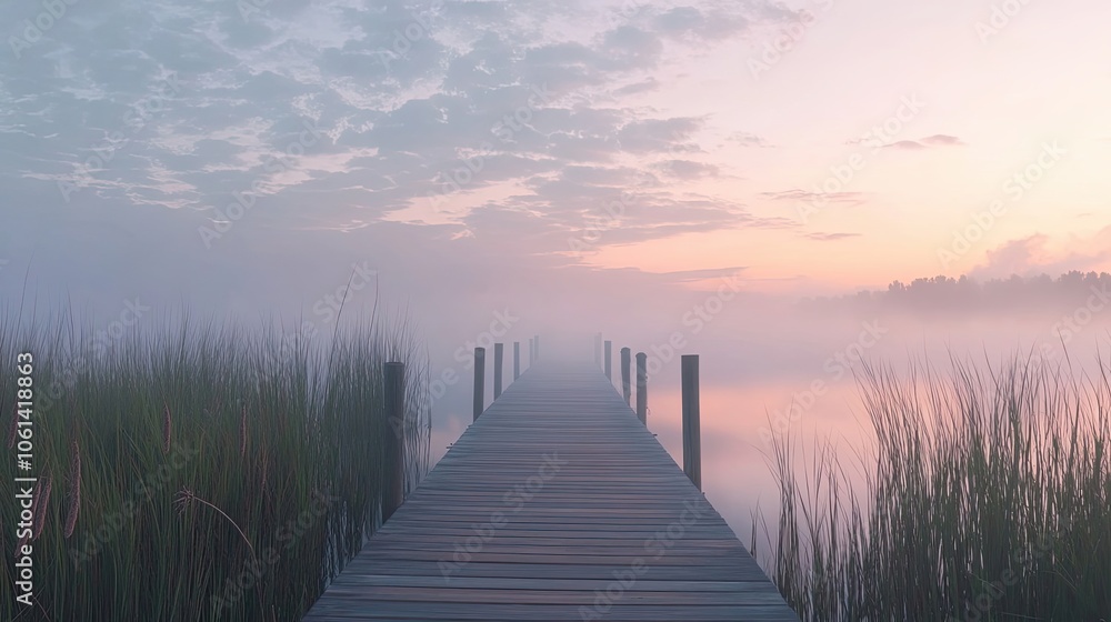 Naklejka premium Wooden Dock Leading into Foggy Lake at Sunset
