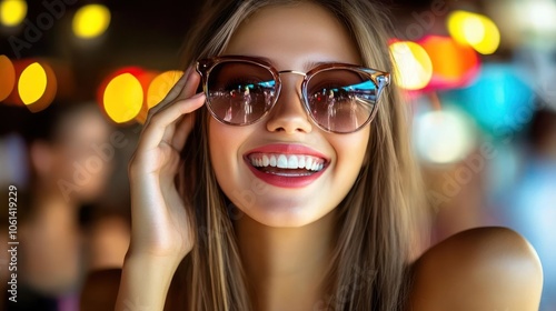 A cheerful young woman wearing sunglasses, smiling brightly in a vibrant setting.