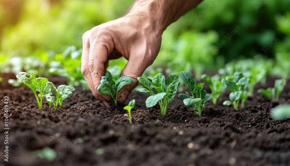 Close up of a hand gently planting a young green sprout into the ground. Close up of a hand gently planting a young green sprout into the ground.