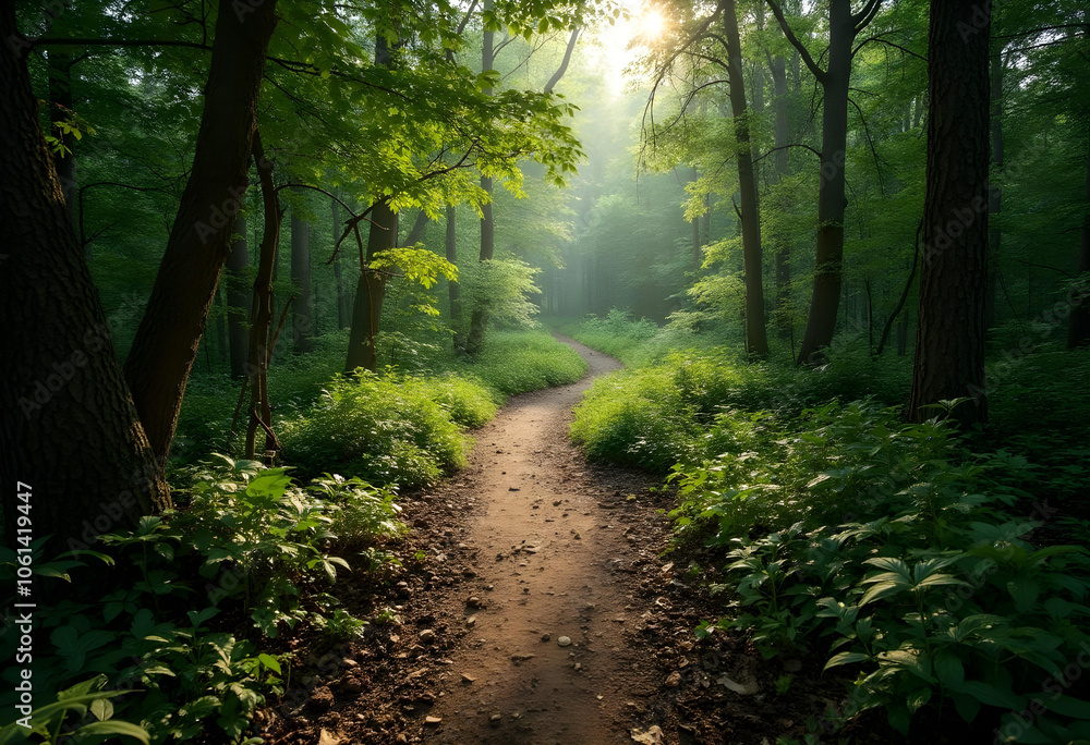 Obraz premium serene forest path winding through lush greenery, illuminated by soft sunlight filtering through trees, creating tranquil atmosphere