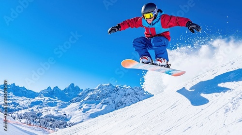 A snowboarder performing an aerial trick against a backdrop of snowy mountains and clear blue sky.