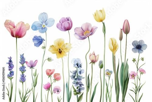 Spring flowers set Vintage pastel flowering plants, isolated on the white background