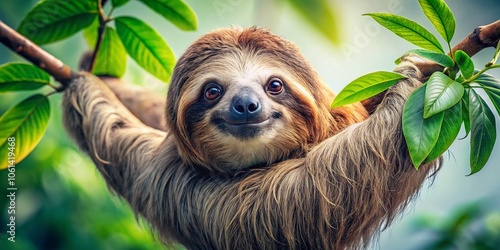 Happy Sloth Hanging in a Tree on White Background - Adorable Animal Portrait, Cute Wildlife Photography, Nature, Tree, Fun, Relaxed, Tree Canopy, Tropical, Wildlife, Sloth, Animal Lover, photo