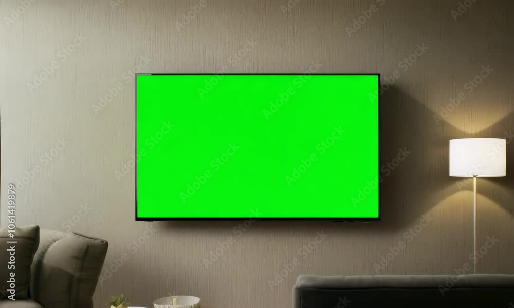 LcD smart TV screen with a blank green background in the living room