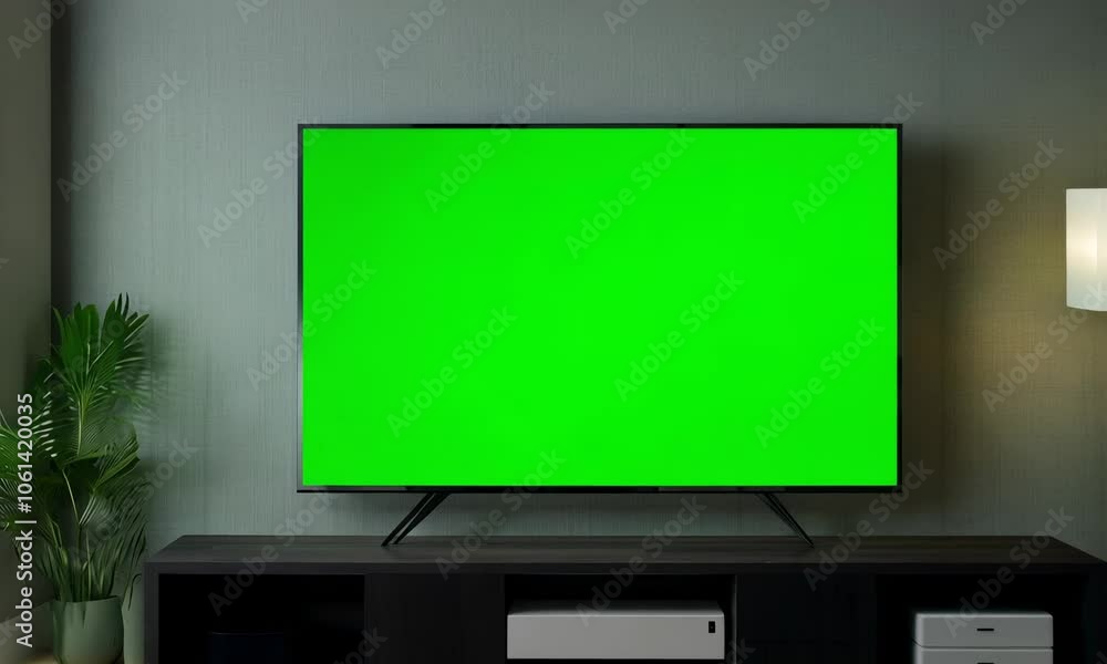 LcD smart TV screen with a blank green background in the living room LcD smart TV screen with a blank green background in the living room