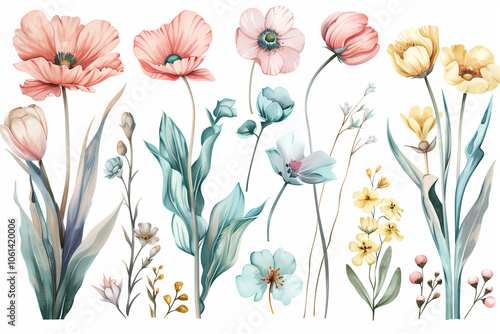 Spring flowers set Vintage pastel flowering plants, isolated on the white background


