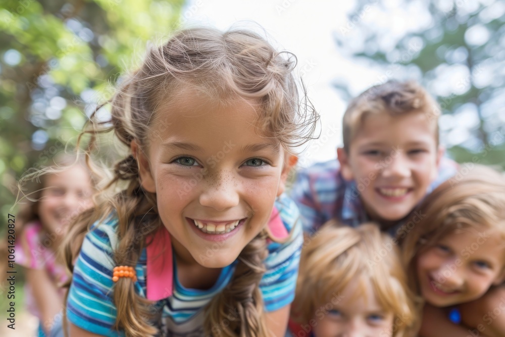 Portrait of smiling children looking at camera in park on a sunny day Portrait of smiling children looking at camera in park on a sunny day
