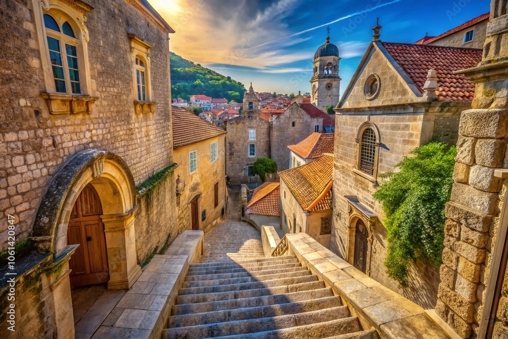 Fototapeta premium High Angle View of Medieval Semi-Circular Stone Staircase at Dominican Monastery in Old Town Dubrovnik, Croatia - Historical Architecture, Travel Destination, Scenic Views