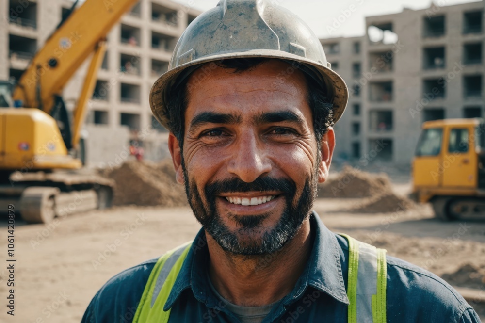 Close portrait of a smiling 40s Afghan man construction worker looking at the camera, Afghan outdoors construction site blurred background Close portrait of a smiling 40s Afghan man construction worker looking at the camera, Afghan outdoors construction site blurred background