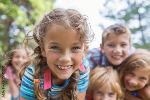 Portrait of smiling children looking at camera in park on a sunny day