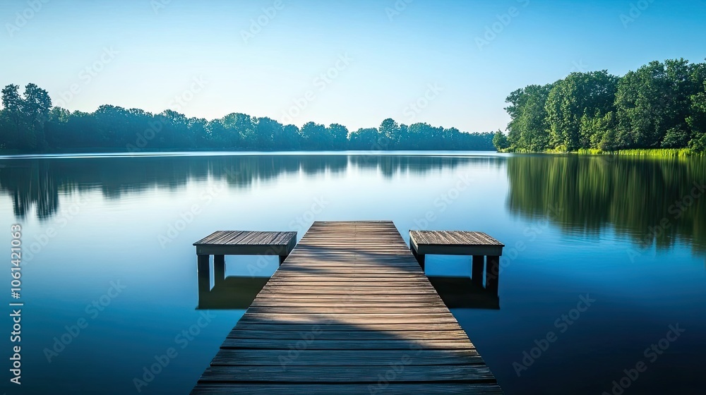 Wooden Dock Extending into a Tranquil Lake with a Reflected Shoreline Wooden Dock Extending into a Tranquil Lake with a Reflected Shoreline