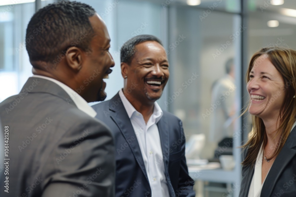 Businesspeople talking and laughing in office lobby, focus on african american man Businesspeople talking and laughing in office lobby, focus on african american man