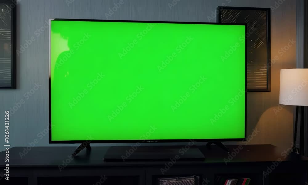 LcD smart TV screen with a blank green background in the living room LcD smart TV screen with a blank green background in the living room