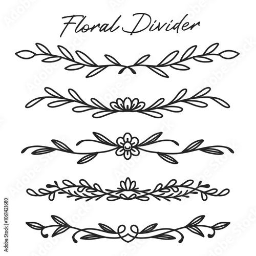 Elegant floral dividers in black outline, perfect for adding a decorative touch to invitations, wedding designs, and digital scrapbooking. Includes various botanical and vintage-inspired divider style