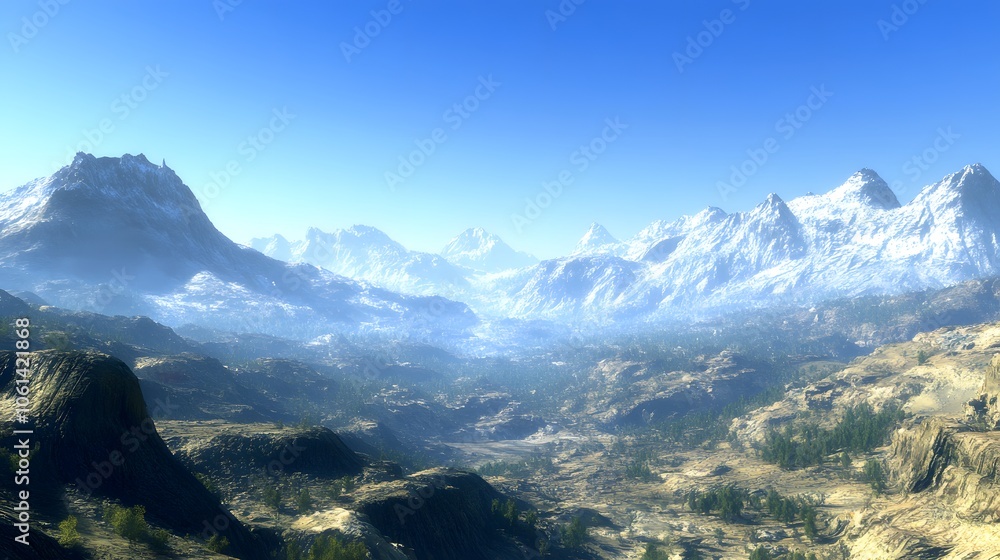 Scenic landscape of a mountain range with a clear blue sky Scenic landscape of a mountain range with a clear blue sky
