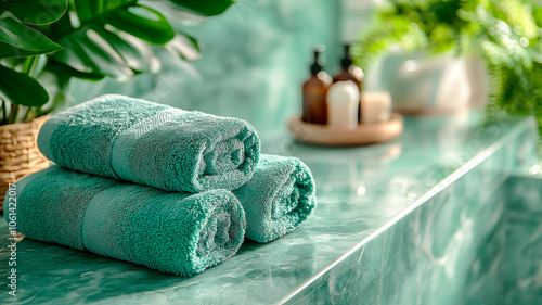 Modern spa still life with fresh green towels on a marble countertop.