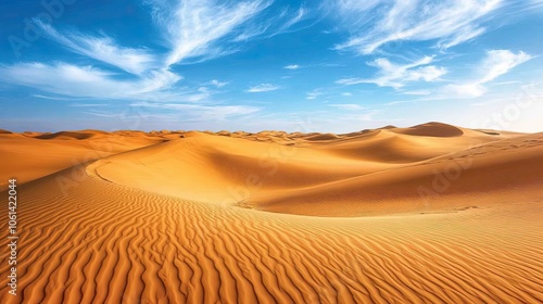 A vast expanse of golden sand dunes under a blue sky with white clouds