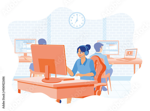 Young woman working on a computer with coworkers. Working on financial and marketing projects in the office. Office work concept. Flat vector illustration.